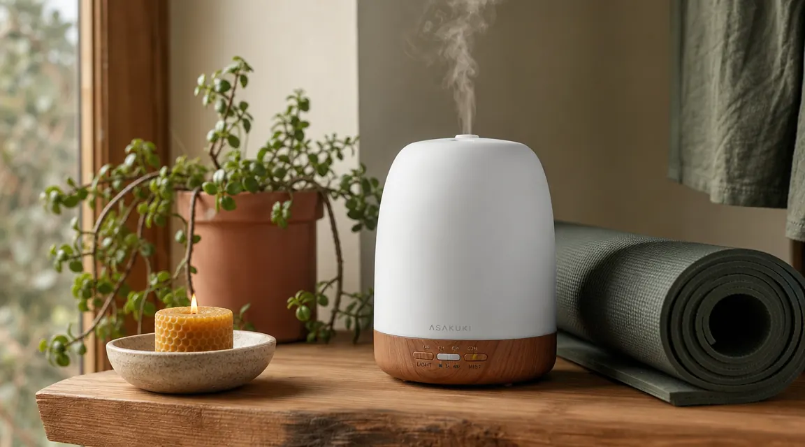 ASAKUKI essential oil diffuser glowing with soft amber LED light on a wooden shelf beside a rolled yoga mat and a small potted plant