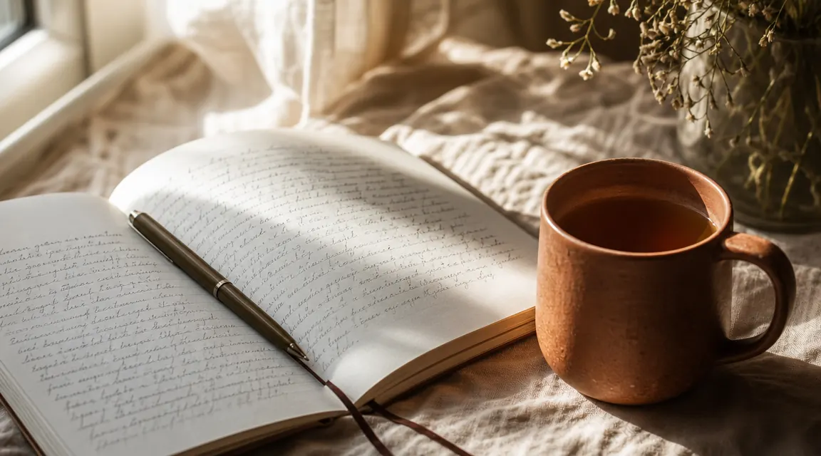 Open journal on a linen cloth beside a small terracotta mug of tea and a single succulent in morning light
