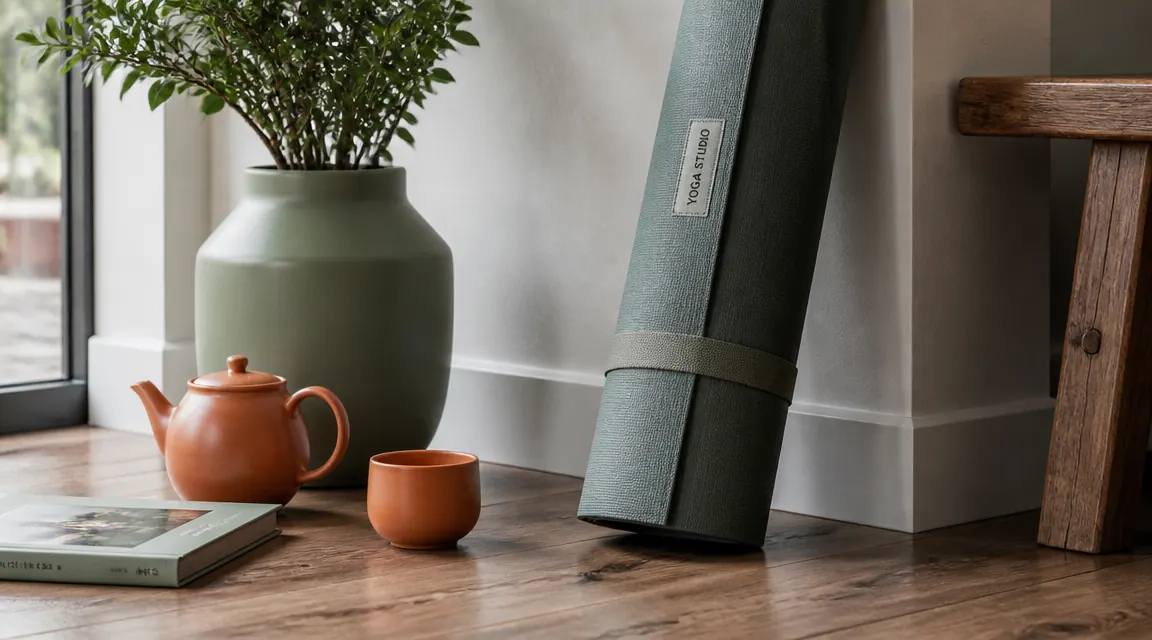 A rolled sage-green yoga mat resting against a sun-lit wood floor beside a ceramic tea cup and a small succulent plant