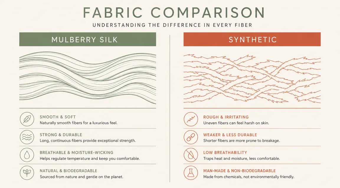 Comparison diagram showing silk versus synthetic fabric under a microscope, illustrating smooth fiber texture of mulberry silk