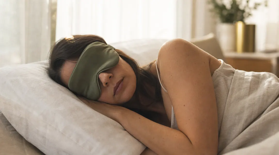 Woman sleeping peacefully in a soft mulberry silk sleep mask, warm morning light falling across white linen pillowcase
