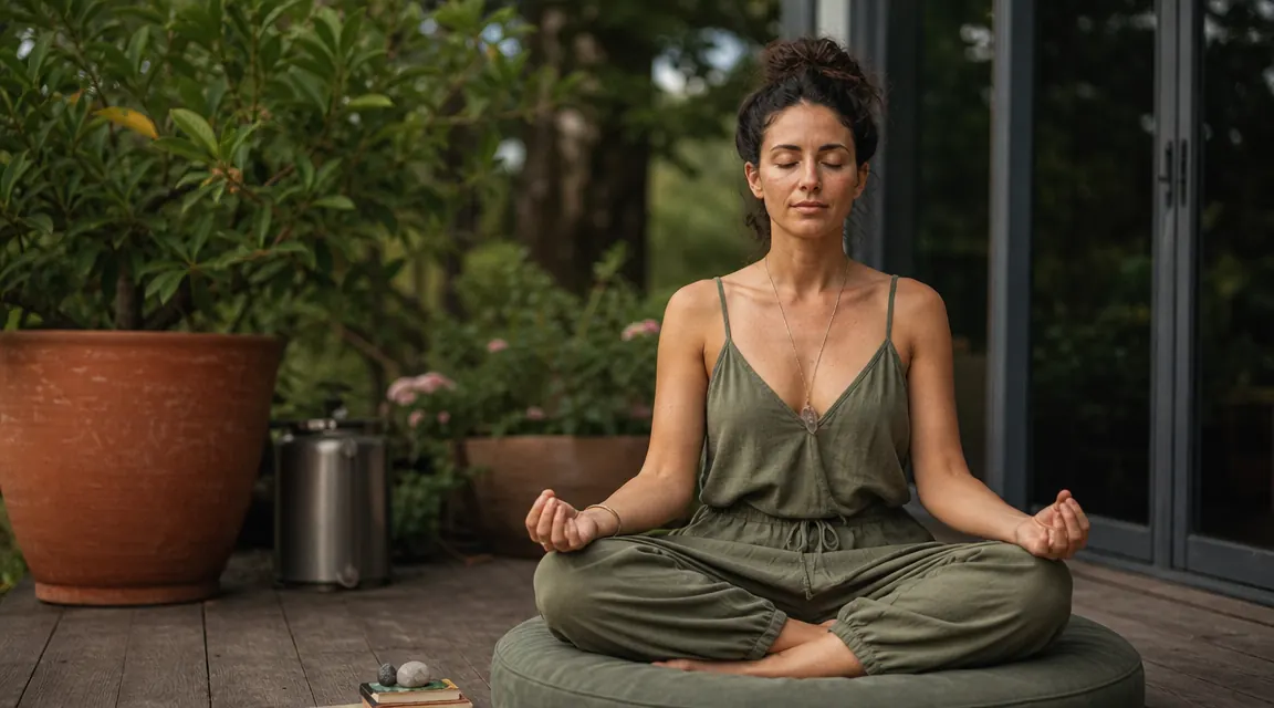 Woman sitting in a peaceful outdoor meditation setting with a zafu cushion on a wooden deck surrounded by plants
