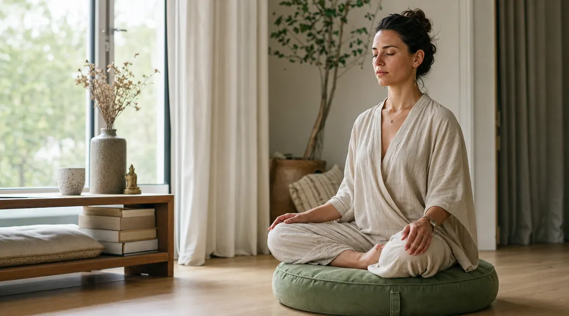 Woman seated in cross-legged meditation on a velvet zafu cushion near a sunlit window with soft morning light and a small plant nearby