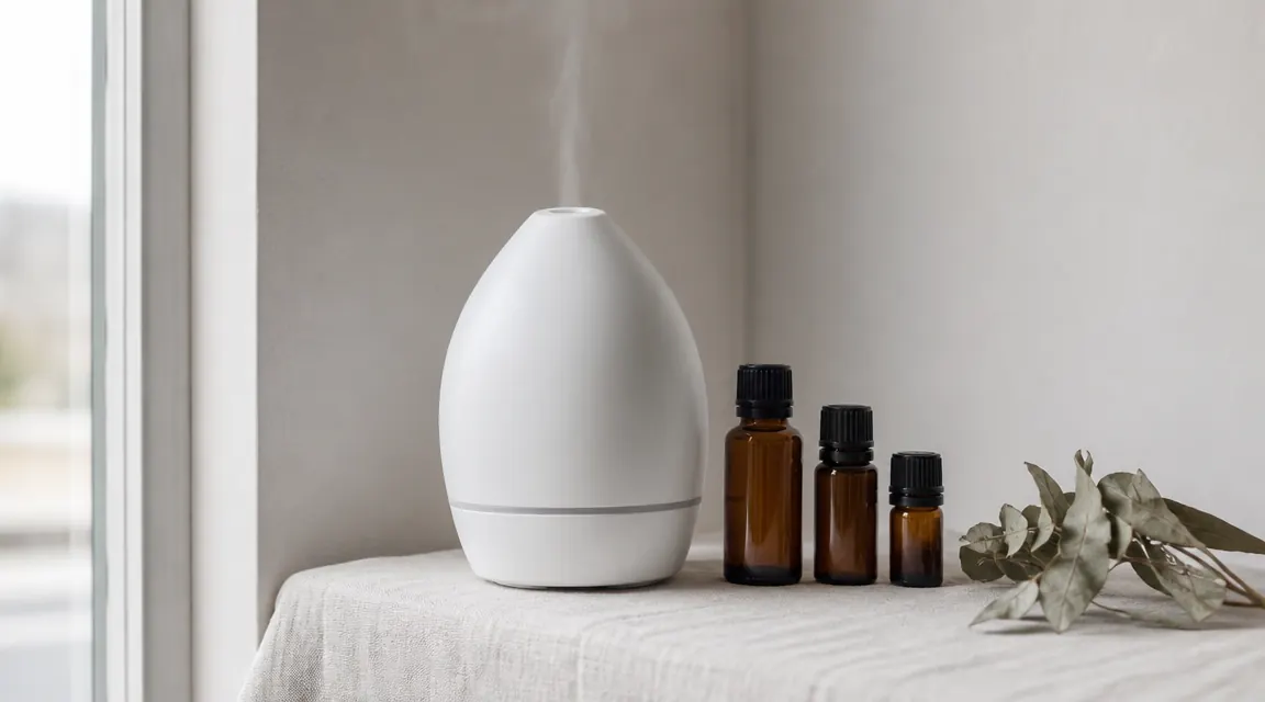 ASAKUKI 500ml diffuser on a white linen shelf surrounded by brown glass essential oil bottles and dried eucalyptus sprigs in soft morning light