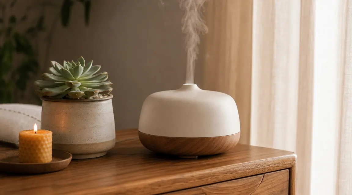 ASAKUKI 500ml diffuser misting on a wooden nightstand beside a candle and a small succulent plant in soft evening light