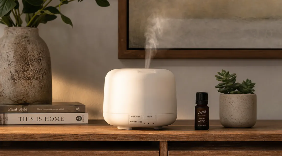 ASAKUKI 500ml essential oil diffuser glowing with warm LED light on a wooden surface beside a small plant and essential oil bottle