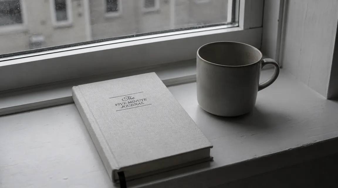 Five Minute Journal closed on a windowsill beside a cold cup of tea, early gray morning light