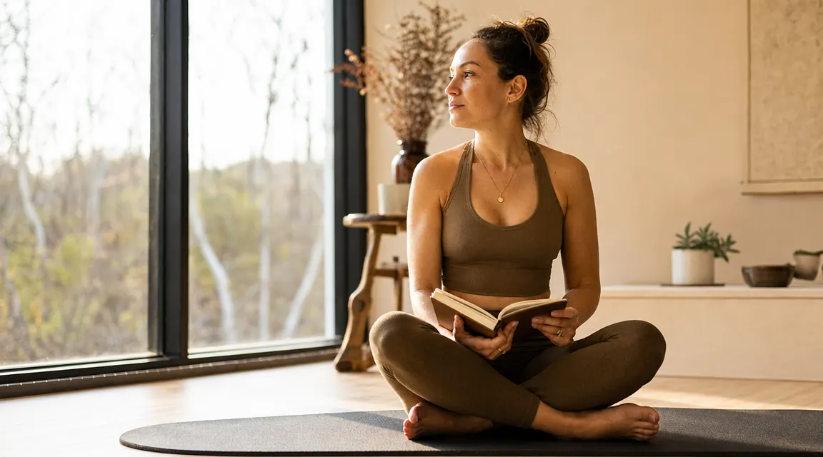 Woman sitting cross-legged on a yoga mat near a window, journal in lap, quiet morning light