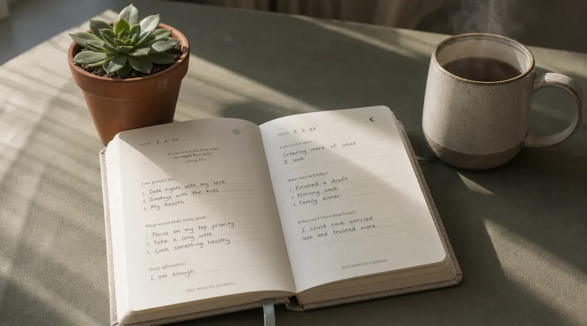 Five Minute Journal open on a wooden surface beside a ceramic mug of tea and a single succulent in soft morning light