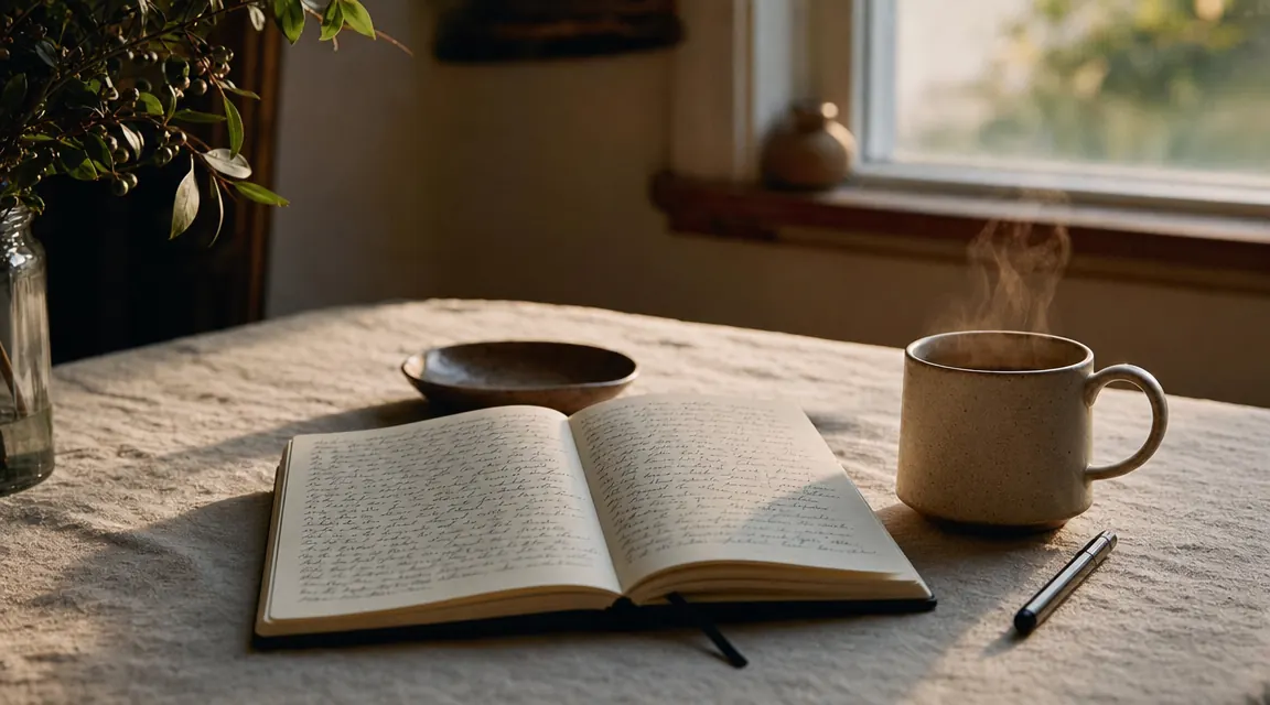 Open journal and steaming tea cup on a wooden table in soft morning light, beside a small potted plant