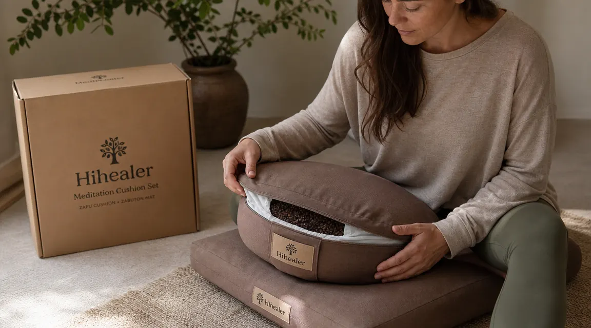Hihealer cushion on its side showing buckwheat hull filling visible through the removable inner liner zipper