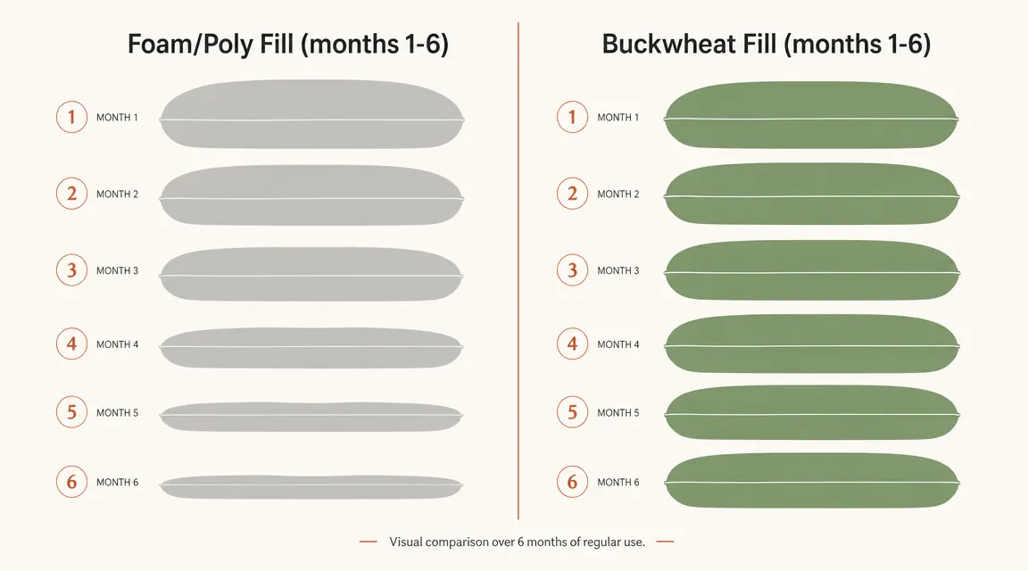Side-by-side height comparison chart showing three generic foam cushions flattening versus the Hihealer buckwheat cushion holding its shape over time