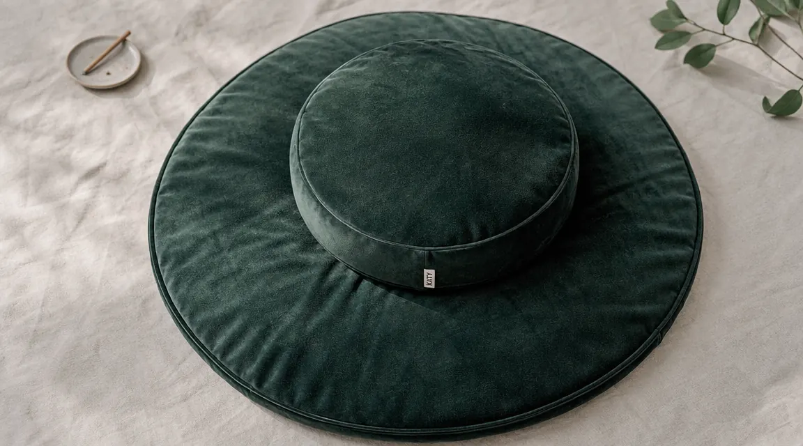 Hihealer velvet meditation cushion set arranged on a natural linen mat in a quiet corner with morning light coming through a window