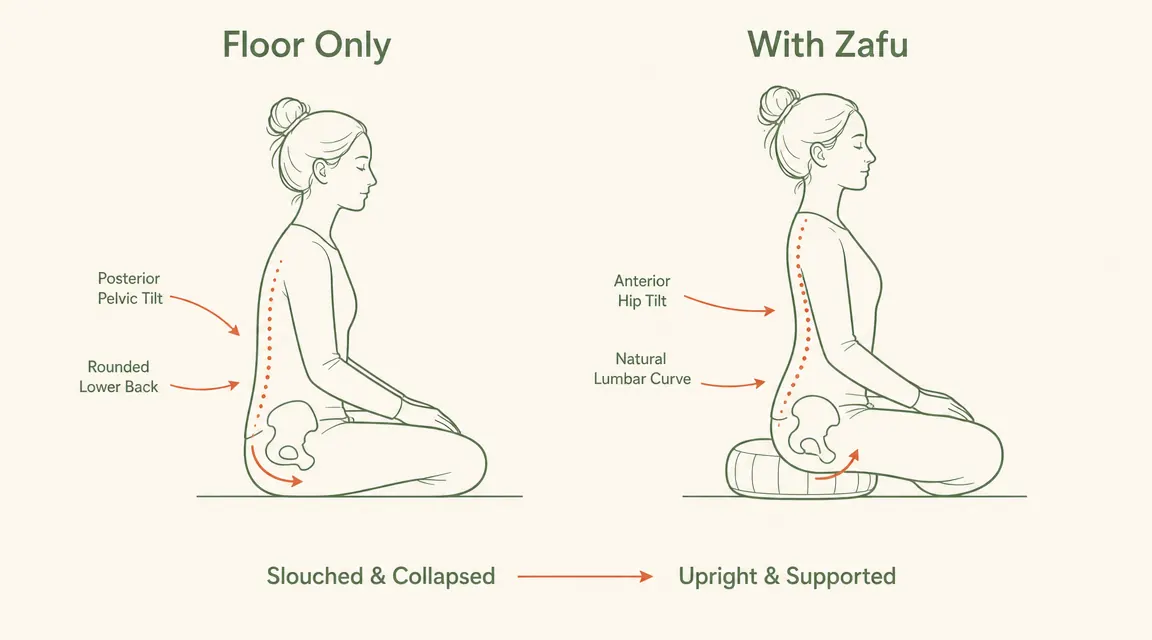 Side-by-side posture comparison chart showing seated meditation on a flat floor versus seated on a zafu cushion with improved hip tilt and spine alignment