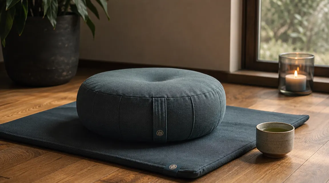 Hihealer meditation cushion set arranged on a hardwood floor near a window with soft morning light and a small tea cup beside it