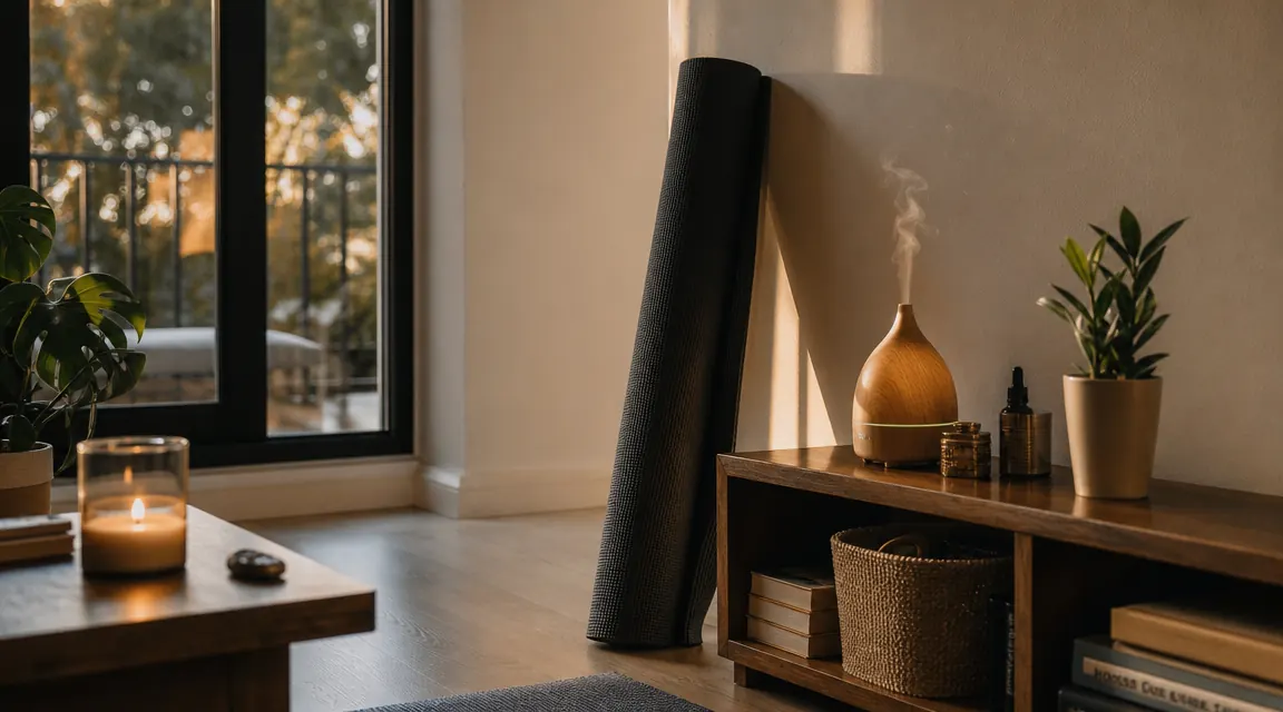 Soft mist rising from a white diffuser on a wooden shelf beside a rolled yoga mat and a small candle in warm evening light
