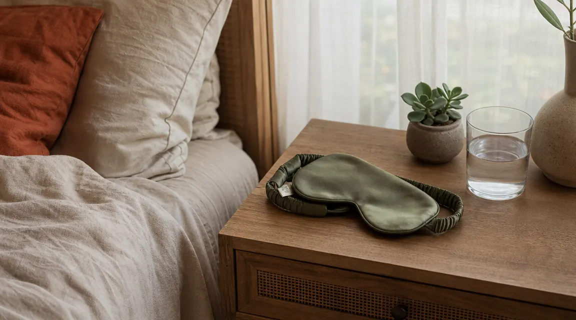 Woman lying in bed in soft morning light, silk sleep mask resting on her nightstand beside a glass of water and a small plant
