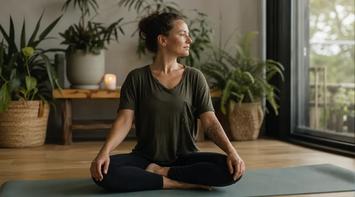 Woman sitting cross-legged on a yoga mat in a sunlit room, eyes closed, calm expression before practice