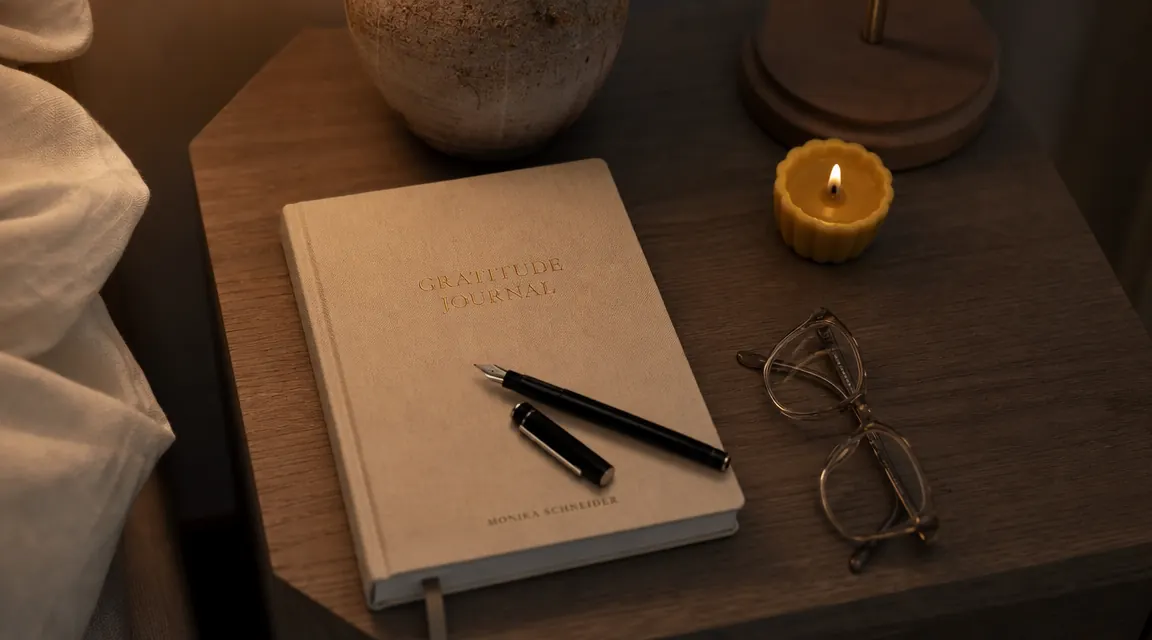 Journal and pen resting on a nightstand next to a candle and reading glasses, evening light