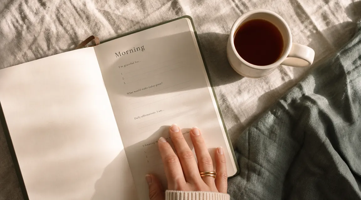 Open journal on a wooden nightstand beside a small cup of tea and a shaft of early morning light