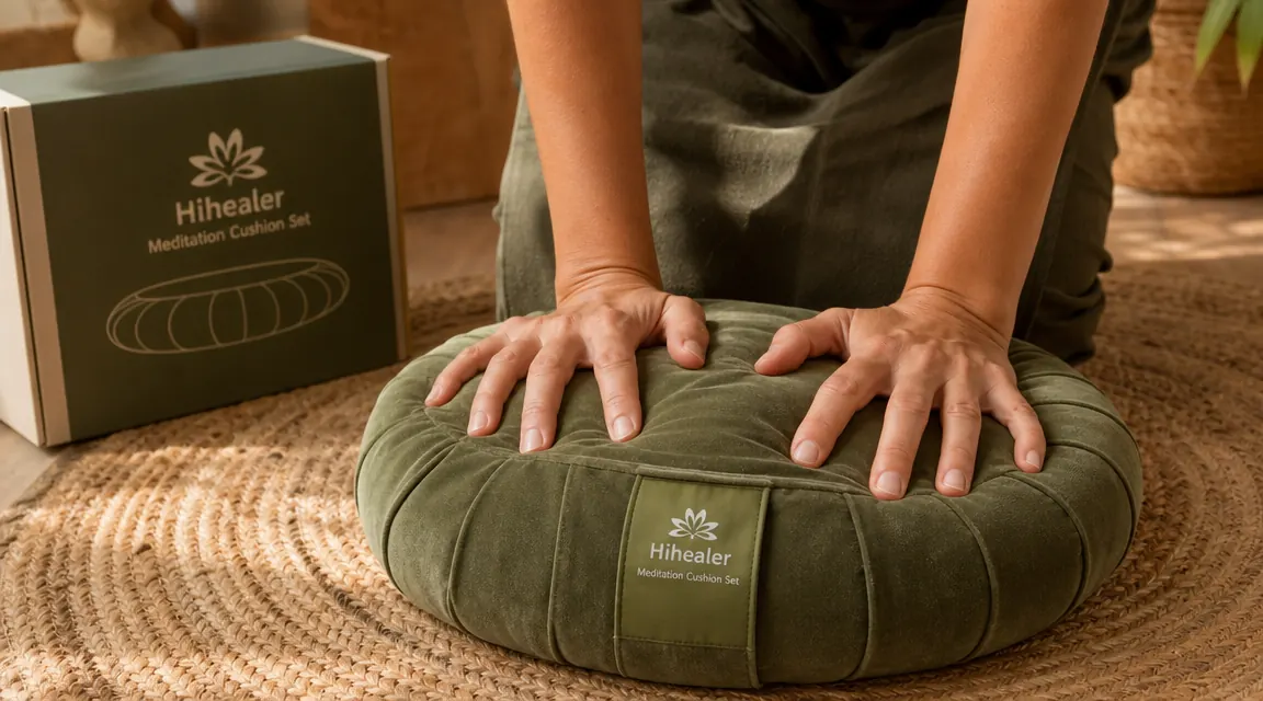 Close-up of hands pressing into a buckwheat-filled zafu cushion, showing the firmness and shape support