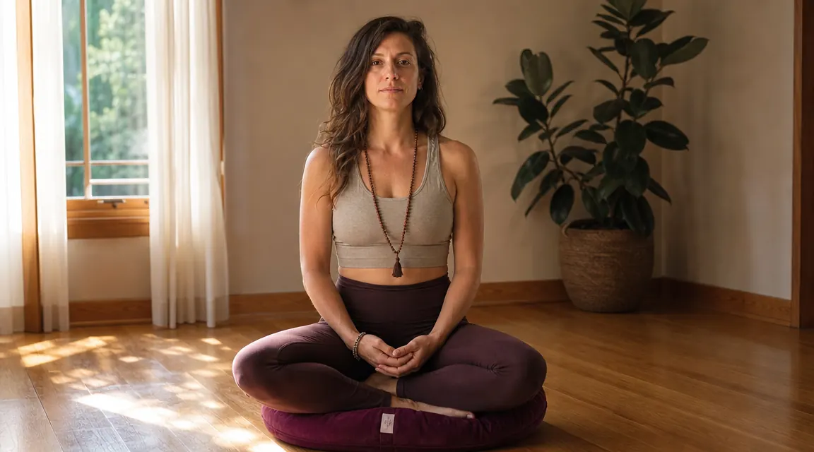 Woman seated on a round velvet meditation cushion in a sunlit room, eyes closed, hands resting on knees in a relaxed mudra