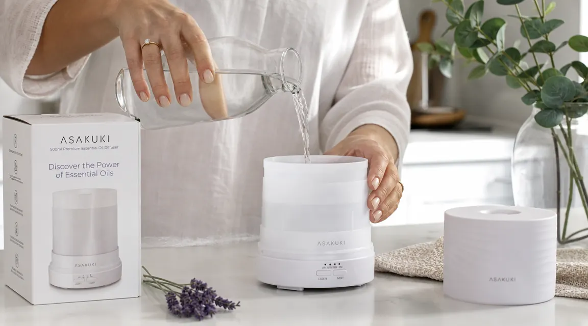 Hands filling the ASAKUKI 500ml diffuser water tank with a small measuring cup