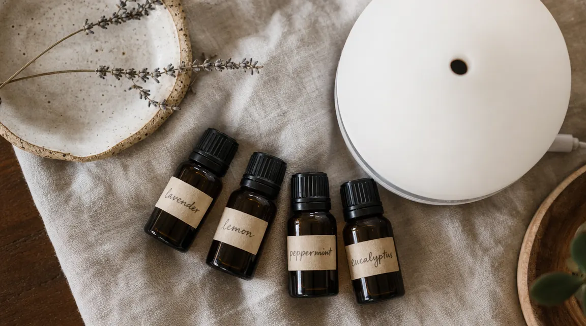 A flat-lay of four small essential oil bottles arranged beside a diffuser, labeled lavender, frankincense, eucalyptus, and bergamot