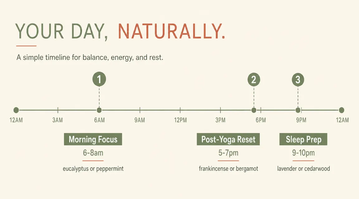 A chart showing three aromatherapy use-case windows across a daily timeline: morning focus, post-yoga reset, sleep preparation