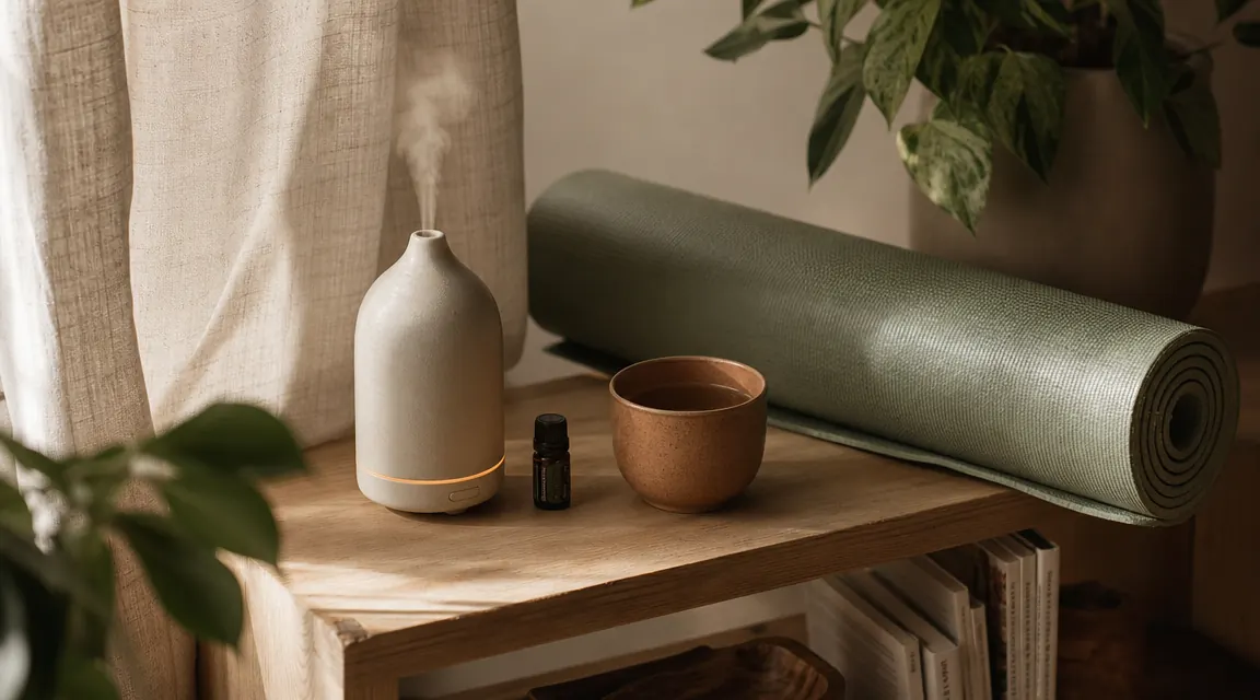 A ceramic diffuser misting on a windowsill at dawn, a rolled yoga mat beside it and a cup of tea in soft morning light