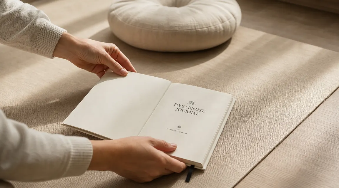 Hands opening the Five Minute Journal on a yoga mat next to a bolster cushion