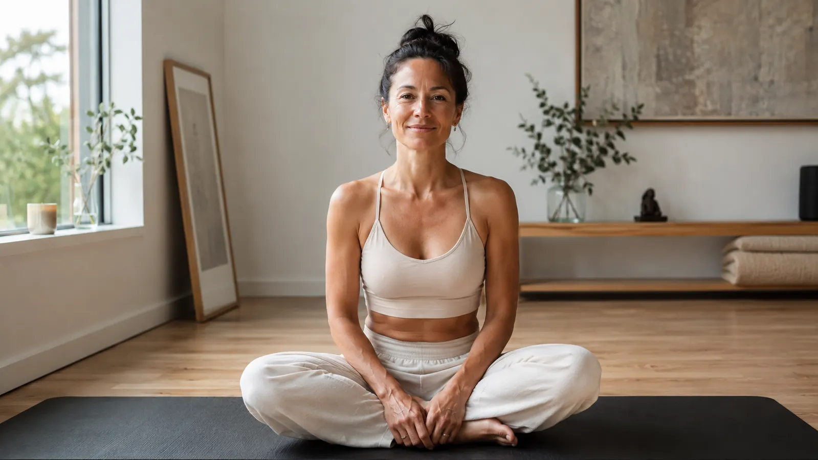 Woman sitting cross-legged on a yoga mat in a sunlit room, hands resting on knees in a meditation posture