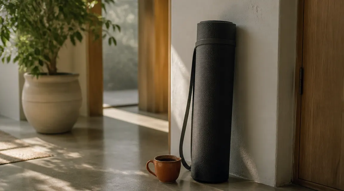Rolled premium yoga mat leaning against a whitewashed wall next to a terracotta mug and folded linen cloth in morning light