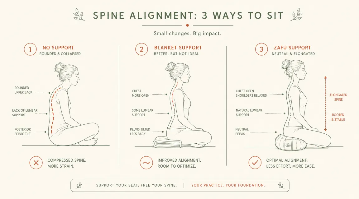 Diagram showing three seated meditation positions from side profile: floor sitting with no cushion showing slouched spine, floor sitting with folded blanket showing partial tilt, and zafu cushion showing neutral pelvis and tall spine