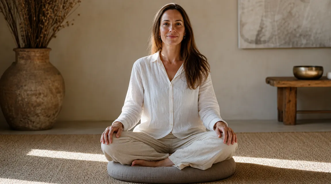 Woman seated in cross-legged meditation pose on a buckwheat zafu cushion, early morning light filtering through a window, sage green meditation mat beneath her