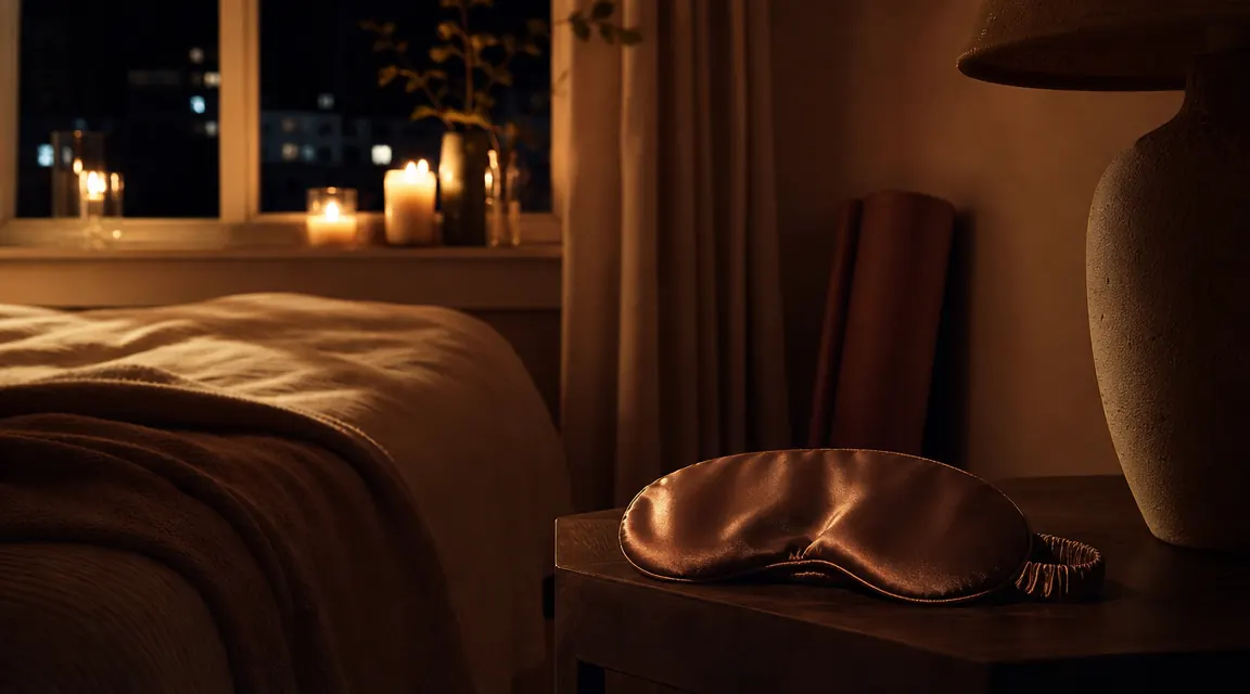 Candlelit bedroom with a yoga mat rolled up in the corner and a silk sleep mask on the nightstand, soft amber light