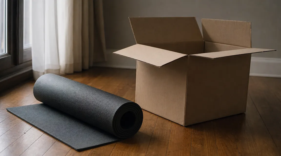 Manduka PRO yoga mat partially rolled up next to a return shipping box on a wood floor, suggesting second thoughts