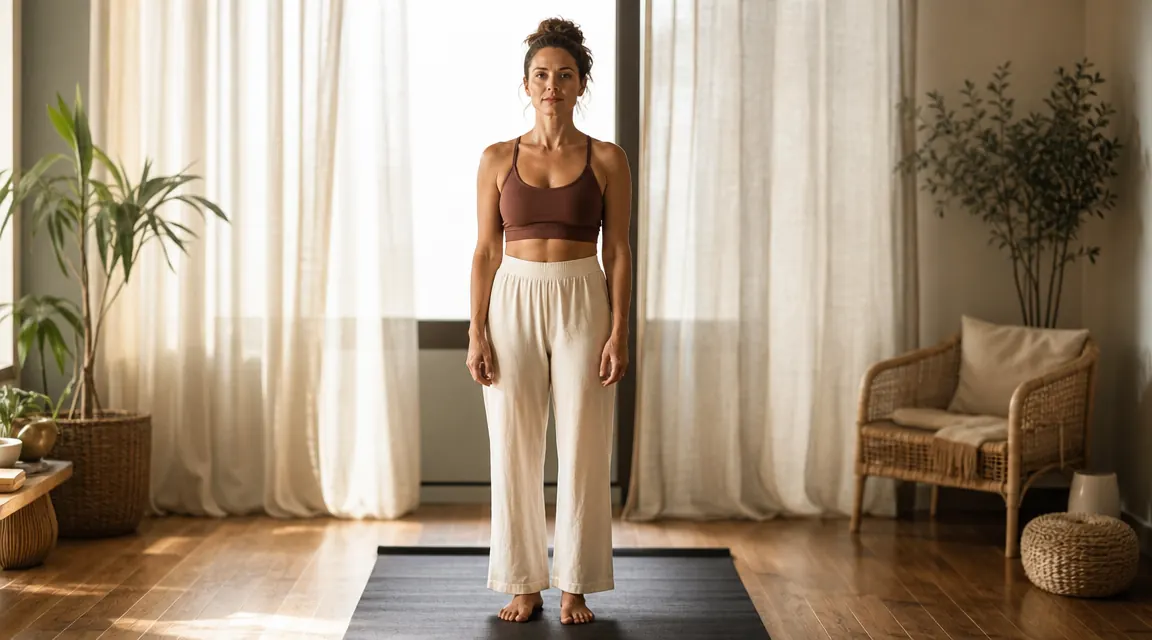 Woman standing at the top of a rolled-out yoga mat in a sunlit home studio, morning light coming through sheer curtains
