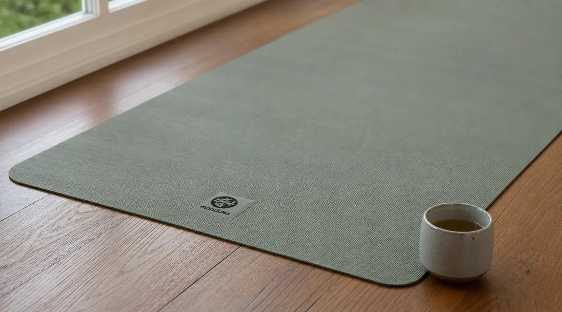 Manduka PRO yoga mat unrolled on a hardwood studio floor in morning light with a tea cup nearby