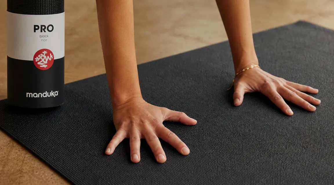 Close-up of hands pressing into a dense black yoga mat surface during a downward dog pose, showing the mat texture and grip quality