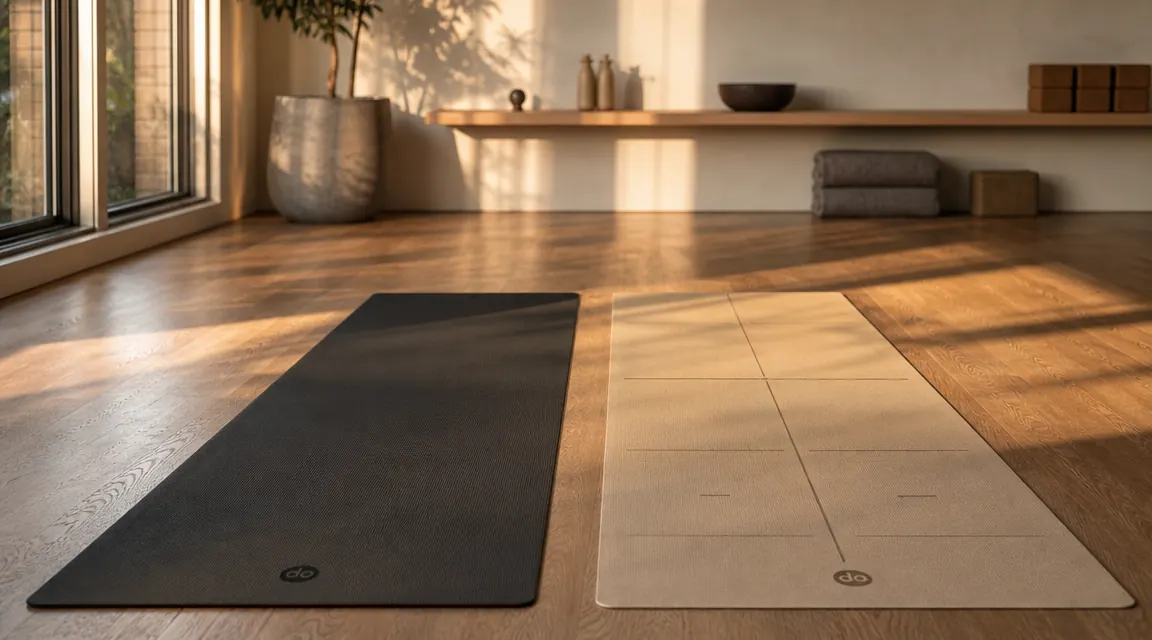Two premium yoga mats unrolled side by side on a hardwood studio floor, one matte black, one sandy beige with alignment lines, morning light coming through tall windows