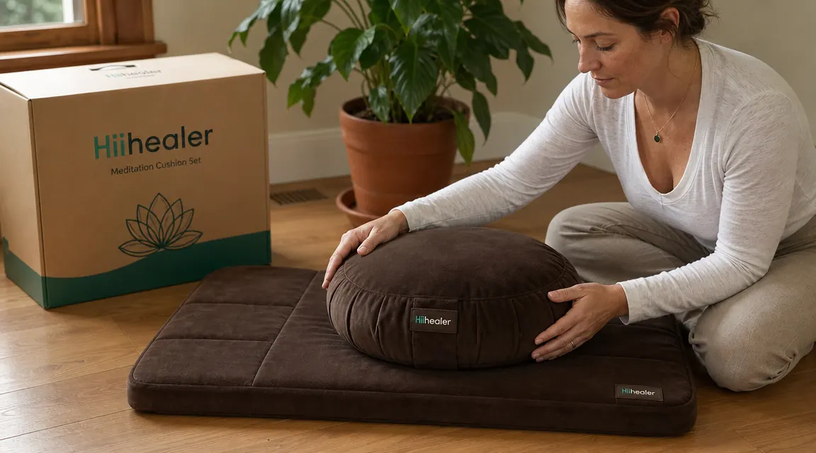 Close-up of the Hihealer meditation cushion set showing the velvet zafu cushion and rectangular mat with buckwheat filling visible