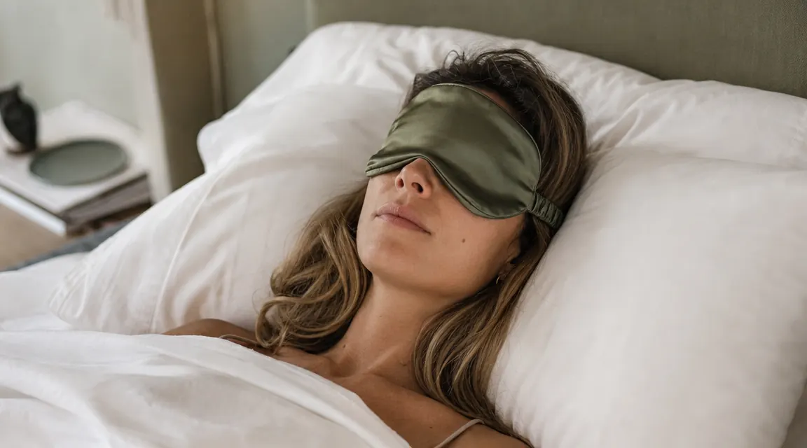 Woman resting peacefully in bed wearing a silk sleep mask, soft morning light filtering through linen curtains