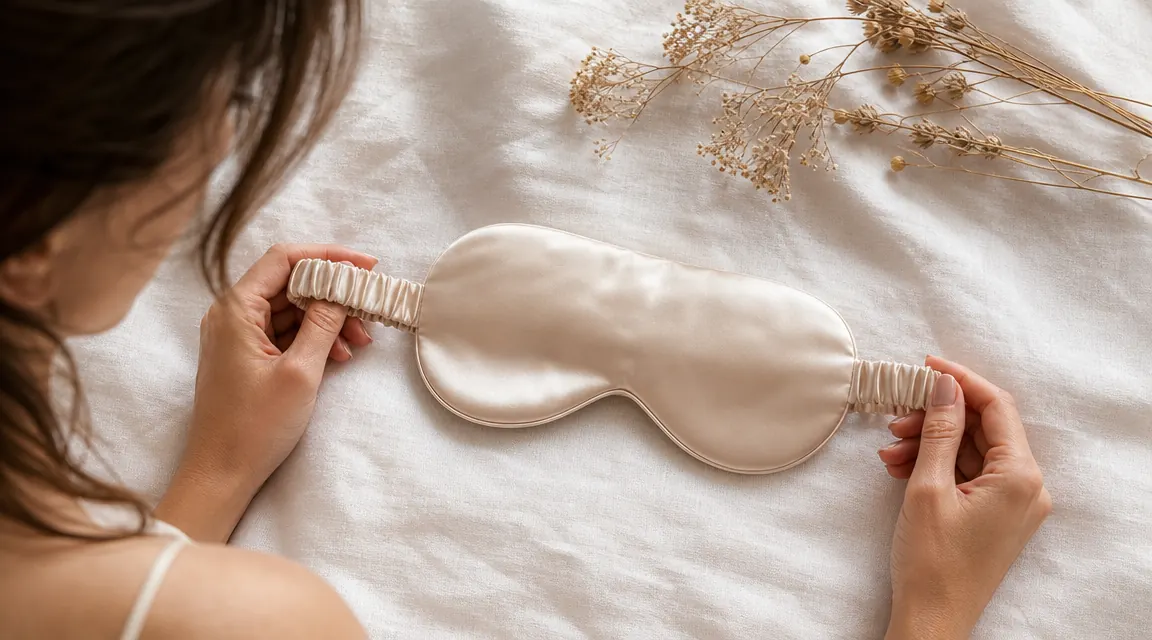 Close-up of the adjustable strap mechanism on a silk sleep mask, showing the hook-and-loop closure and fabric casing