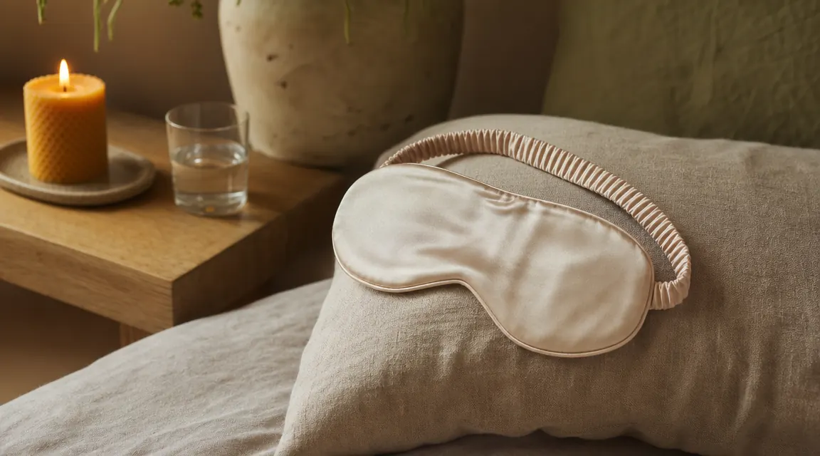A mulberry silk sleep mask resting on a linen pillow beside a small glass of water and a dimly lit candle, suggesting a quiet bedtime ritual