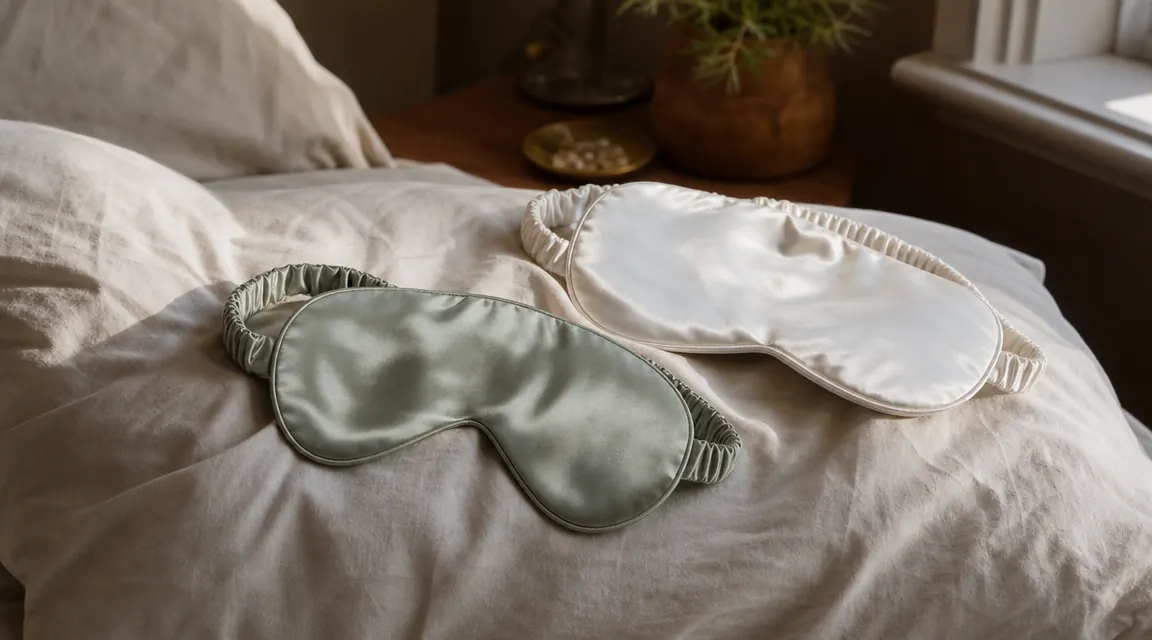 Two sleep masks side by side on a linen pillowcase, one mulberry silk and one satin, in soft morning light